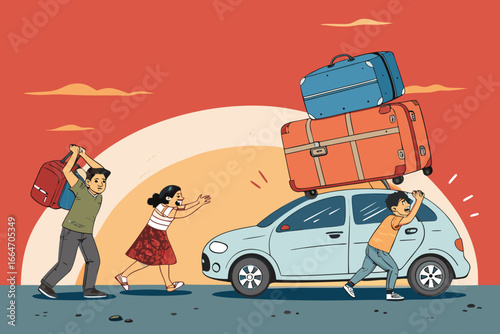 Family struggles to fit too much luggage for a trip.