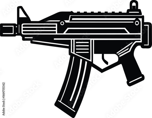 Illustration of a submachine gun with a magazine, a pistol grip, and a picatinny rail