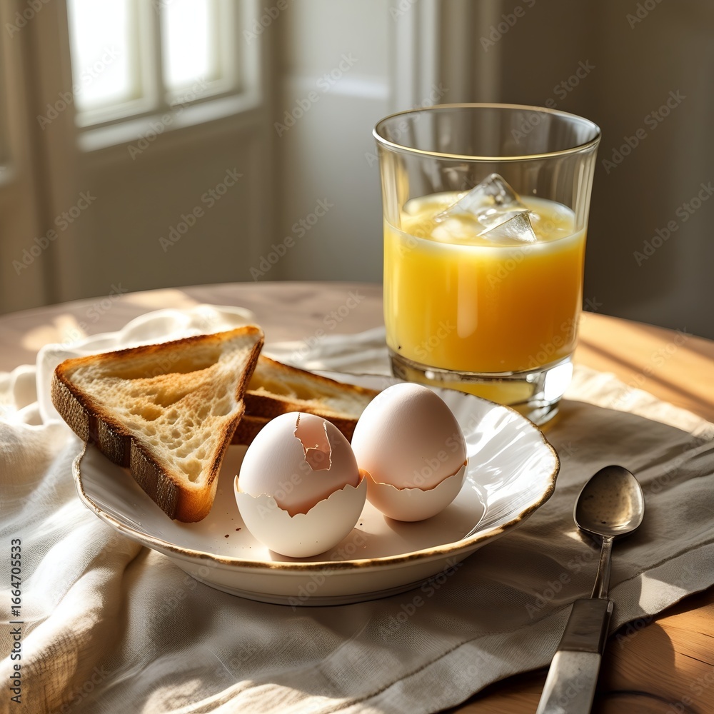Fototapeta premium Boiled Eggs with Toast and Fresh Juice