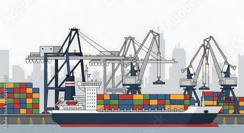 Vibrant cargo operations, vessel laden with containers at port, illustrating global logistics and supply chain dynamics against a skyline backdrop, symbolizing commerce