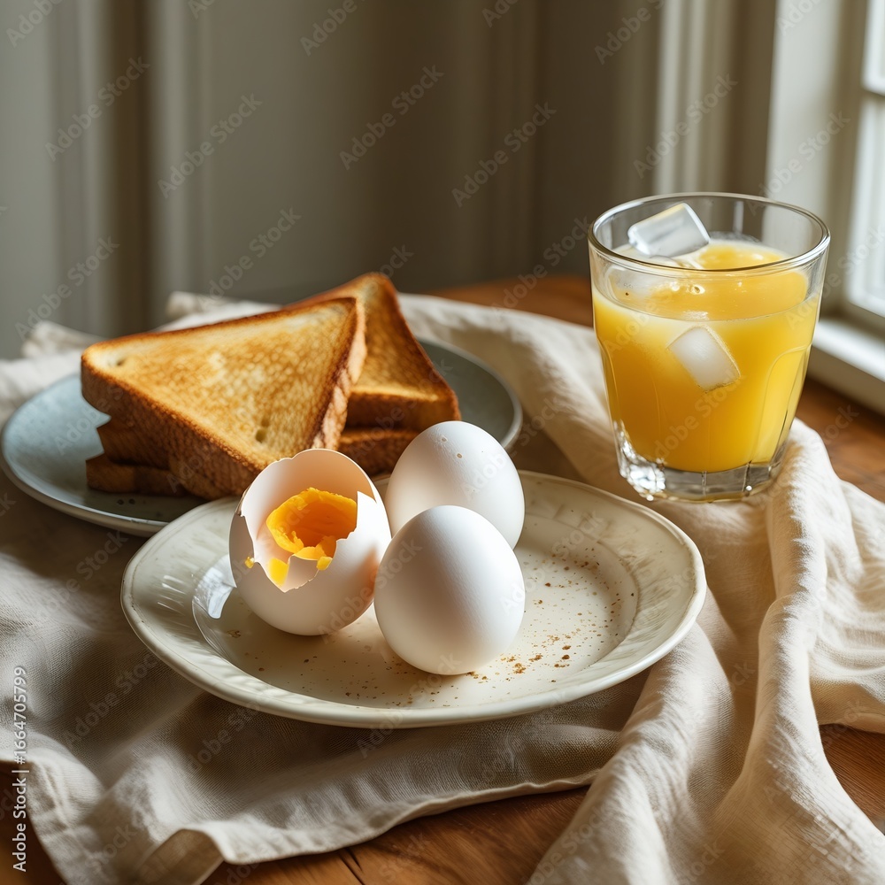 Fototapeta premium Boiled Eggs with Toast and Fresh Juice