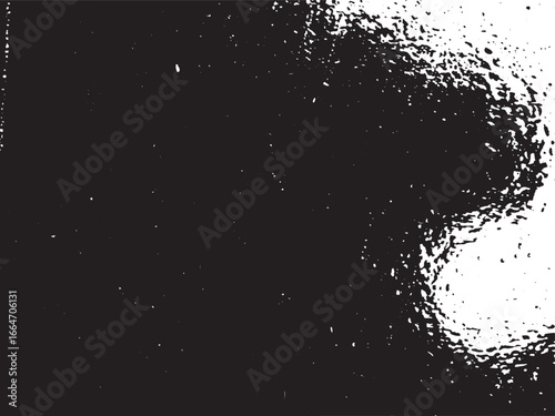 An abstract image featuring a high contrast between black and white areas. It displays a grainy texture reminiscent of droplets or rough surfaces creating an intriguing composition.