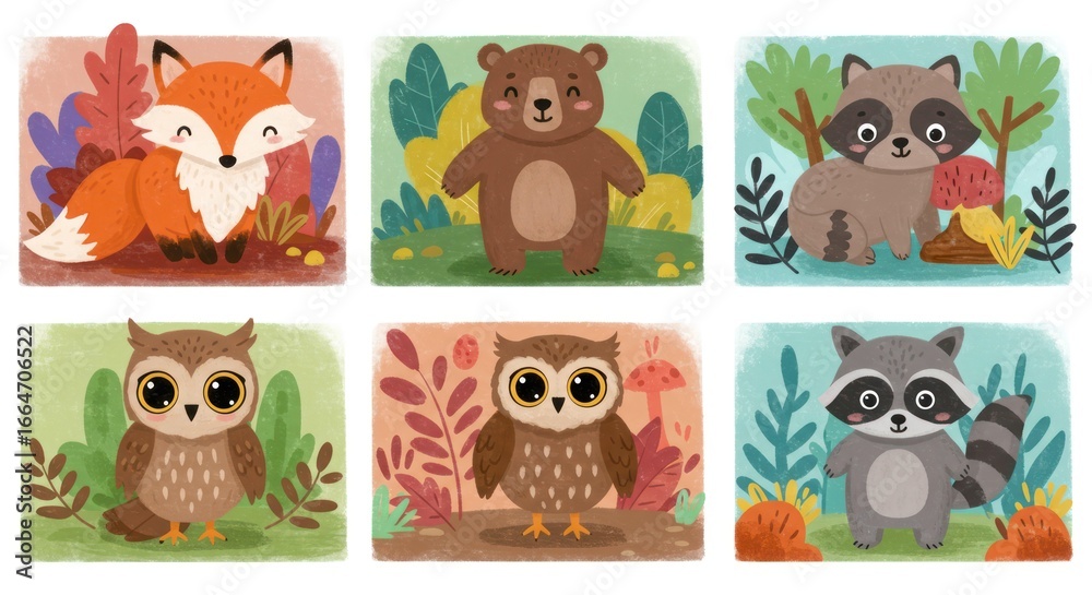 Obraz premium Cute woodland animals illustration set fox bear owl and raccoon