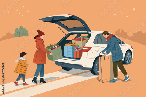 Family packing groceries and holiday gifts into car.