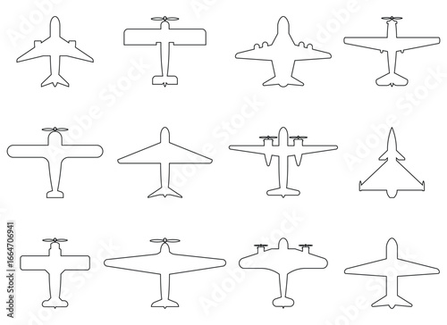 A variety of aircraft shapes are drawn as outlines against a white backdrop, capturing the essence of air travel and aviation. The assortment provides an illustration for learning.