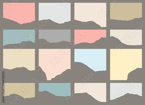 A collection of sixteen rectangular pieces of torn paper, each in a different pastel color. Arranged against a solid gray backdrop, creating an artistic composition.