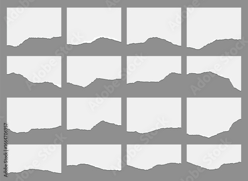 A collection of sixteen white paper sheets with ragged, torn edges are displayed on a simple gray background. Each sheet differs slightly in tear pattern and orientation.