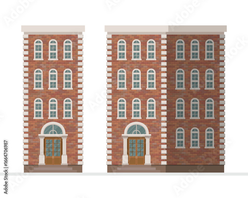 This vector image showcases two brick buildings with uniform architectural design. They feature arched windows, and ornate details reminiscent of vintage buildings.