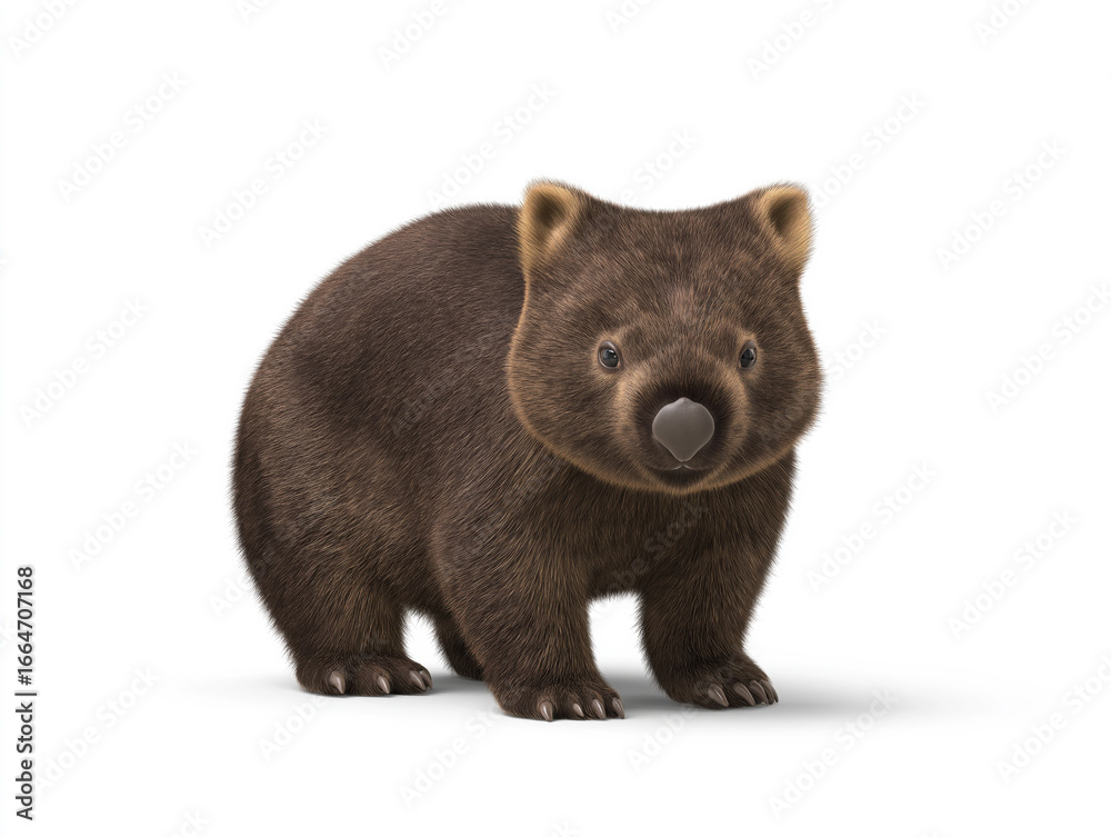 Fototapeta premium Cute cartoon illustration of a wombat standing on a white background, showcasing its round body, small ears, and adorable facial features, perfect for children's books or educational materials