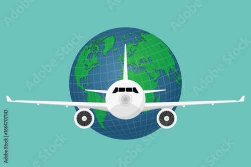 An airplane with two engines flies in front of a green and blue globe. Illustrates the concept of global travel and worldwide journeys. Represents flight and adventure.