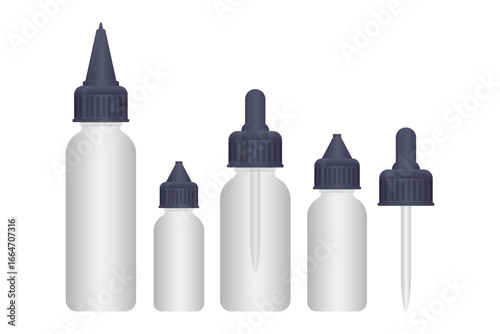 A collection of differently sized dropper bottles, each with a dark blue cap, sitting on a plain white background. They give the impression of precision and measured doses.