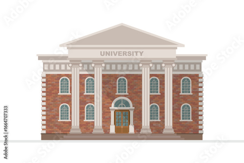 Illustration of a brick university building featuring classical architectural elements such as columns, arched windows, and a prominent entrance. Building is on a white background.