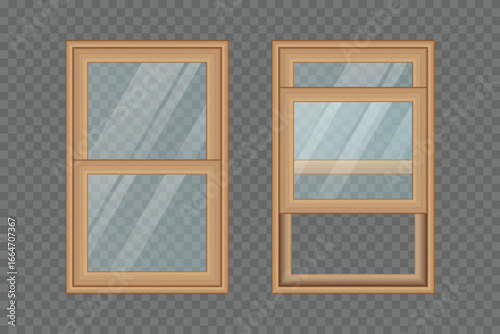 Two wooden window frames on a gray checkered backdrop. One is closed, the other is partially open. Light wood frames with glass panes catch sunlight.