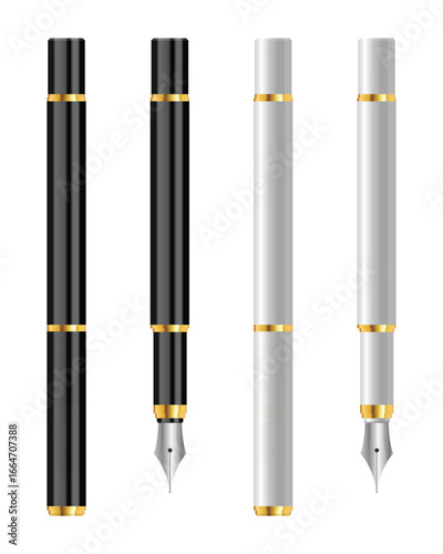 A group of four fountain pens, two in black and two in white, stand upright. Each pen features gold accents.  They are displayed on a white background.