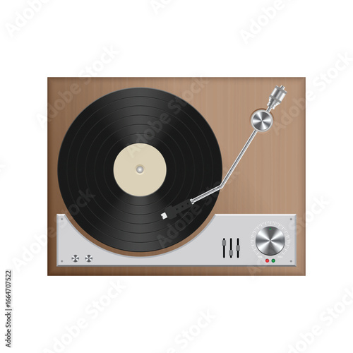 Overhead view of a vintage record player on a white background. The black vinyl record is set on a wooden base with silver controls and needle arm. Minimalist style.