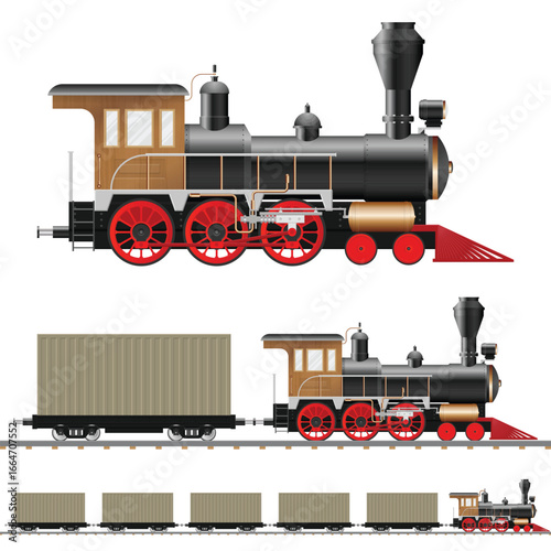 Illustration of classic steam train engines and train cars on the railroad. The image represents a classic style of train design, engine power, and railway transportation.