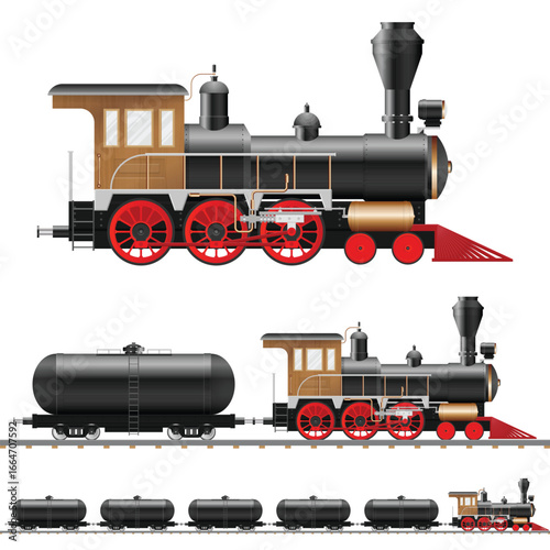 A vintage locomotive train hauling tanker cars is shown traveling along the railroad tracks. The black train has red wheels and a wooden cab section.