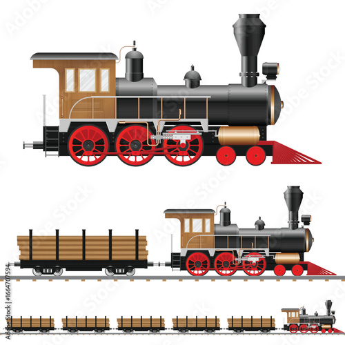 Illustration showing a vintage steam train with its engine, red wheels, and multiple freight cars hauling wood. The scene is set against a plain white background.