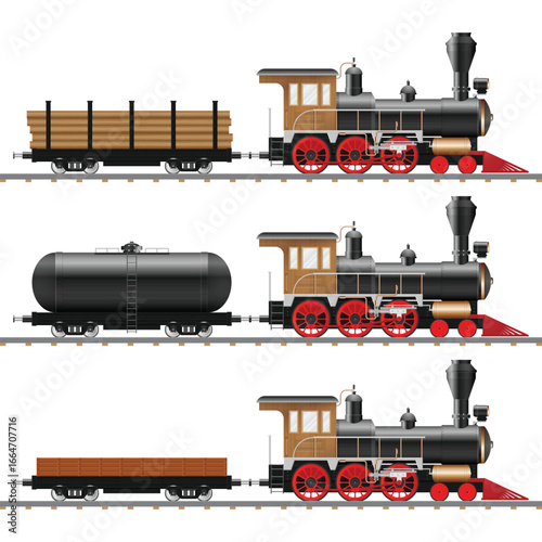 Three vintage steam trains are presented against a white background, each with different cargo: logs, a tanker, and a flatbed, all on railroad tracks, representing rail transport.