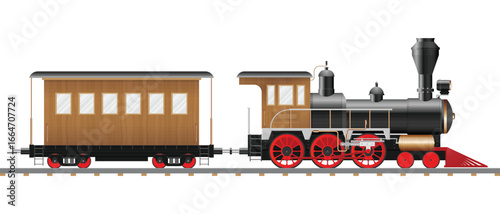 A vintage steam engine and passenger car sit on train tracks. The train is black with red wheels.  The passenger car is wood with rectangular windows along its side.