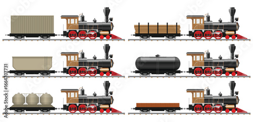 Illustration of vintage steam trains with a variety of cargo wagons including containers, logs, tanks, and open hoppers against a white background in a side view perspective.
