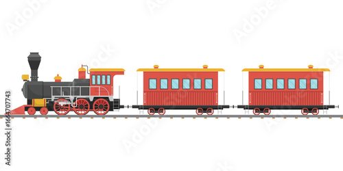 This is an illustration of a vintage steam train. The train is black and red with two passenger cars. The train is on train tracks, against a white background.