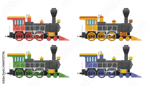 A colorful ensemble of vintage trains. Each train is colored differently in red, yellow, green, and blue, each one is distinctively designed and isolated on a white backdrop.