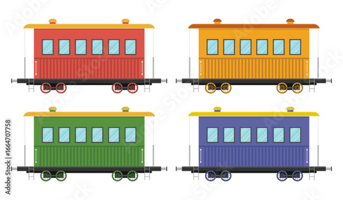 Four train carriages are displayed in red, yellow, green, and blue on a white background. Each carriage has multiple windows and wheels, representing railway transportation.