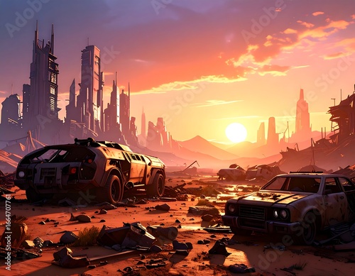 Futuristic desert sunset.  Ruined vehicles in a post-apocalyptic city