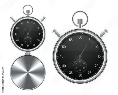 Two stopwatches are presented against a white backdrop.  The metallic gleam of the casing highlights the precision instruments, used for measuring and tracking time.