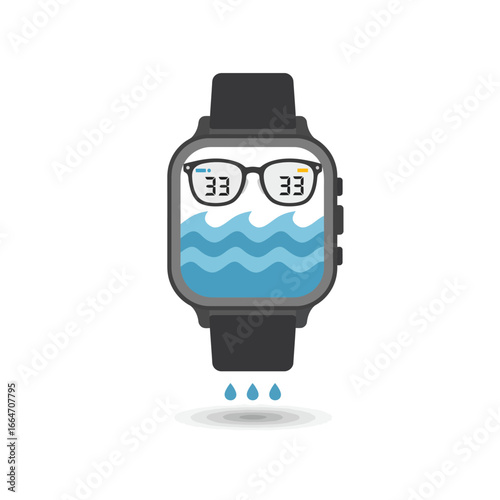 Smartwatch displaying ocean waves and eyeglasses, water resistant design concept.