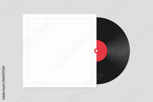 A vinyl record with a red label peeks from a blank white sleeve. The background is light gray, creating a clean, minimalistic, and abstract design.