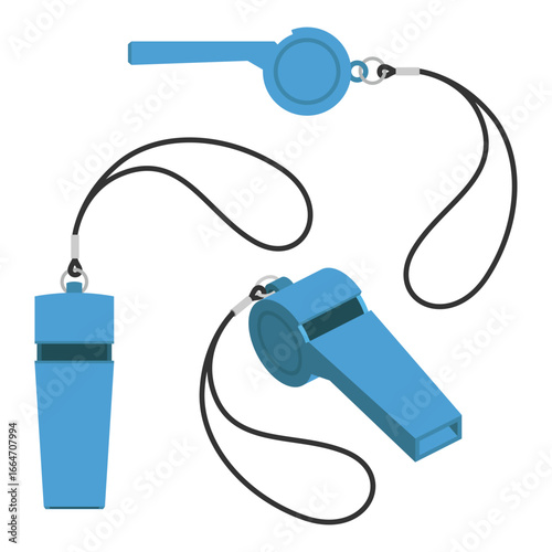 This image shows three light-blue plastic whistles with black cords on a white background. The whistles are for sporting events or emergency signaling.
