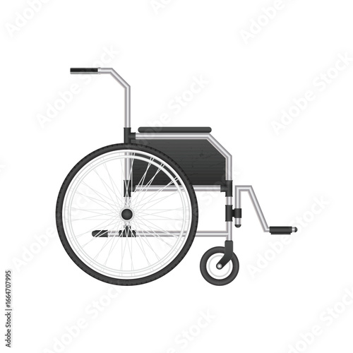 A wheelchair, designed for independent mobility, has a large wheel with spokes and handrim, a backrest, a small wheel, and footrests. Used to assist individuals with mobility.