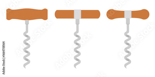 Isolated on a white backdrop, this image features three corkscrews, each with a distinct handle design and a shiny gray spiral metal piece for extracting corks.