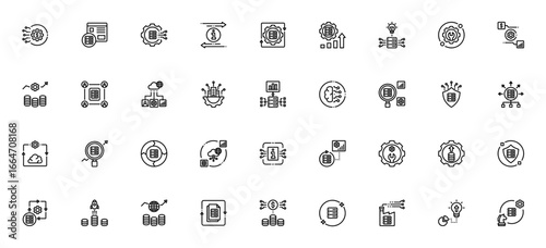 Datanomics_2708 icon set. Business vector illustration. Includes symbols for big data, data management, software development, digital currency, analytics, security, and more. Editable stroke.