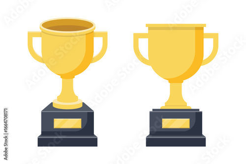 Two golden trophy cups are displayed against a plain white backdrop. Each cup rests on a dark gray base with a small golden plaque. They symbolize success and winning.
