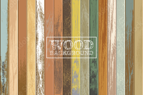 This image shows a rustic, weathered wood texture pattern featuring colorful wooden planks arranged in a vertical orientation. The weathered surface of the boards add character.