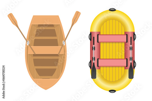 An illustration shows two distinct types of boats: a traditional wooden rowboat with oars and a contemporary yellow inflatable raft with pink accents and paddle features, isolated on white.