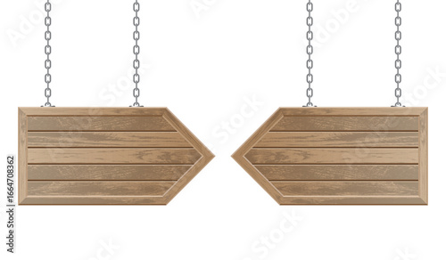 Two wooden arrow signs hang on chains against a white background. The signs point away from each other, suggesting opposite directions. The wood has a light brown textured finish.