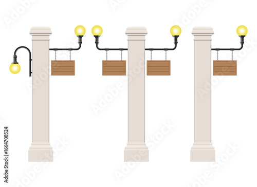 Three stone pillars stand, each featuring a lamp with a light globe and a blank wooden sign suspended by chains.  The lamps add warmth to the scene, creating atmosphere.