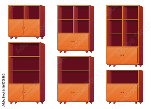 A collection of wooden cabinets with varying shelf configurations and door styles are neatly arranged, displaying different storage solutions and organizational designs.