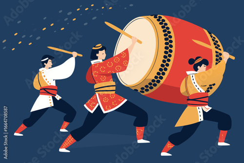 Dynamic taiko drummers electrify a festival with powerful rhythm.
