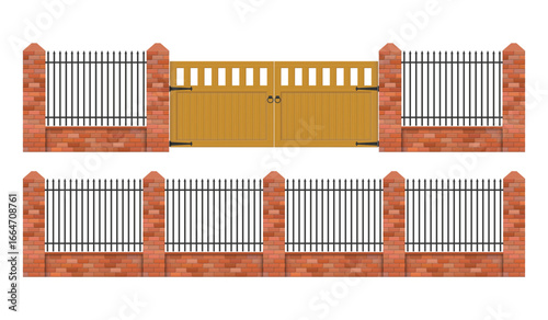 Illustration of a fence made of brick and metal, with a wooden gate as a driveway entrance. The image is isolated on white and can be used for illustrations.