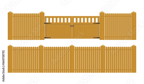 Illustration of a tan wooden yard fence on a white background. The fence has a matching double gate with black hardware. The yard fence is constructed of upright planks.