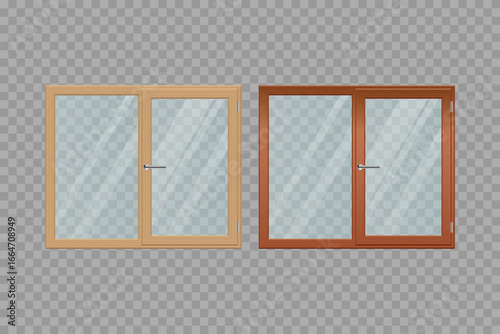 Two doors with glass panes are placed side by side. One has a light wood frame and the other has a dark wood frame. Each has a metal door handle. Backdrop is transparent.
