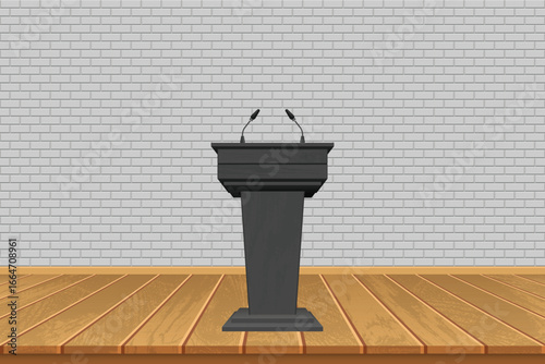 An empty podium is set on a wooden stage, prepared for a speaker. Two microphones are ready to amplify speech against a gray brick wall background.