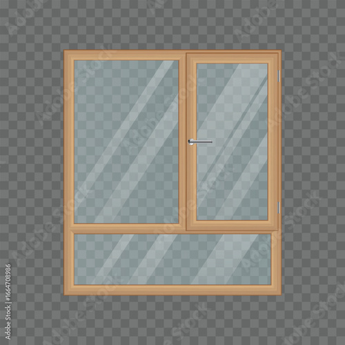 A multi-paned window with a wooden frame, featuring a horizontal pane at the bottom and a smaller section on the right that has a lever handle, against a plain backdrop.
