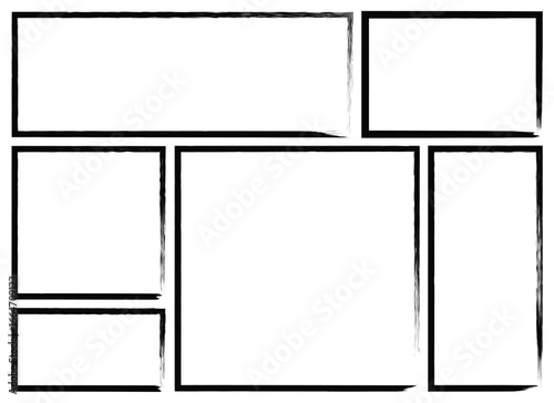 A geometric arrangement of white rectangles and squares enclosed by sketchy black borders, creating a dynamic layout perfect for design or editorial purposes on a white background.