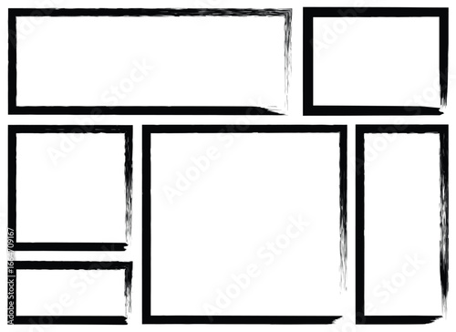 Several rough, textured, black-bordered rectangular frames of varying sizes are placed together. The black brush stroke borders have rough edges on a white background.